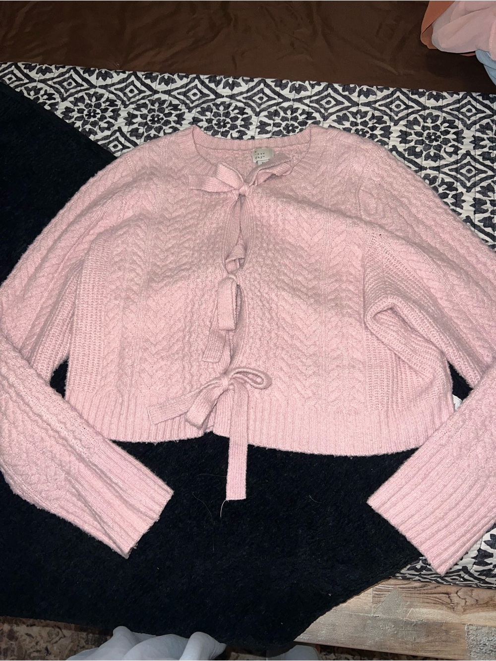 a new day Pink Tie-Front Cable Knit Cropped Sweater